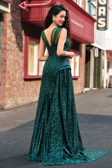 Robe de soirée longue plissée à sequins vert foncé scintillante avec fente sur la cuisse